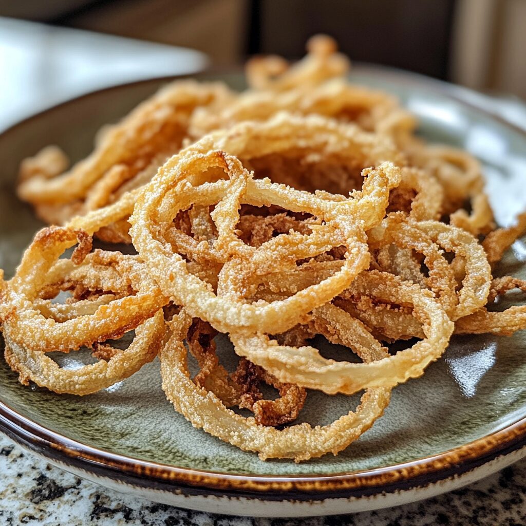 Homemade Crispy Onion Strings (French Fried Onions) Recipe served on a plate in natural light