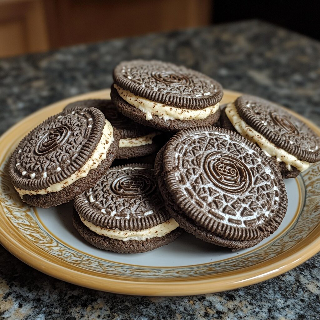 Homemade Oreo Cookies served on a plate in natural light