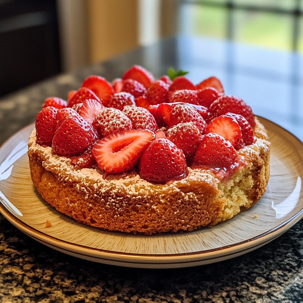 Homemade Strawberry Cake served on a plate in natural light