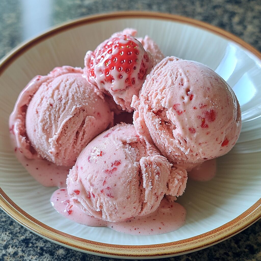 Homemade Strawberry Ice Cream served on a plate in natural light
