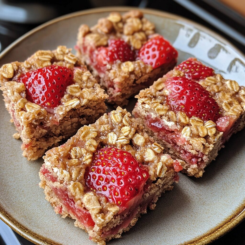 Homemade Strawberry Oatmeal Bars Recipe served on a plate in natural light