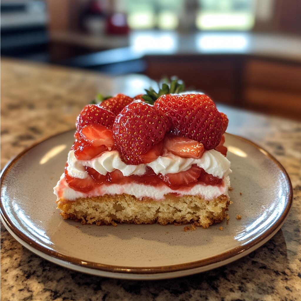 Homemade Strawberry Shortcake served on a plate in natural light