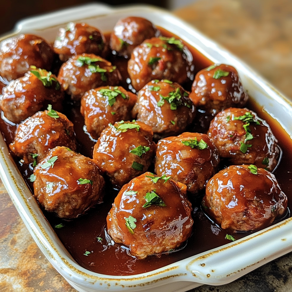 Homemade honey bbq crockpot meatballs in a serving dish in a bright kitchen