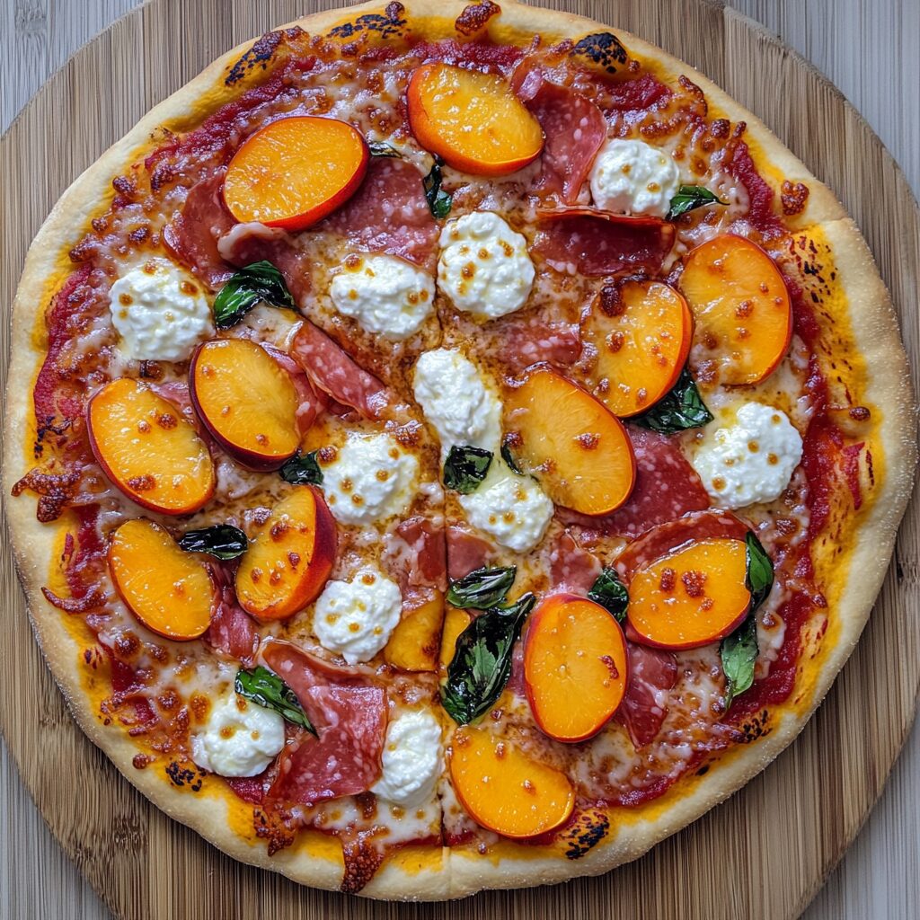 Hot Honey 3 Cheese Prosciutto Peach Pizza topped with peaches, ricotta, mozzarella, Parmesan, and halal turkey prosciutto-style slices