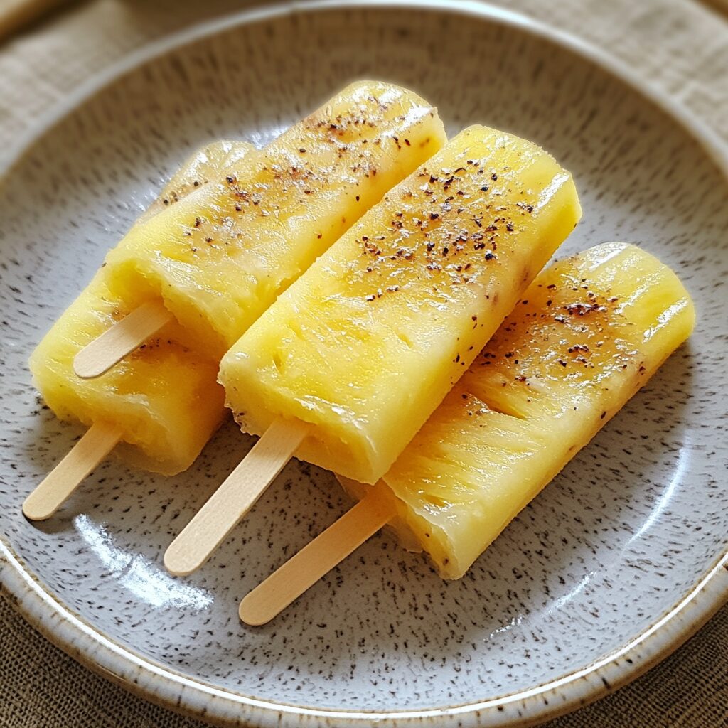 How to Make Paletas de Piña (Pineapple Popsicle) Recipe! served on a plate in natural light