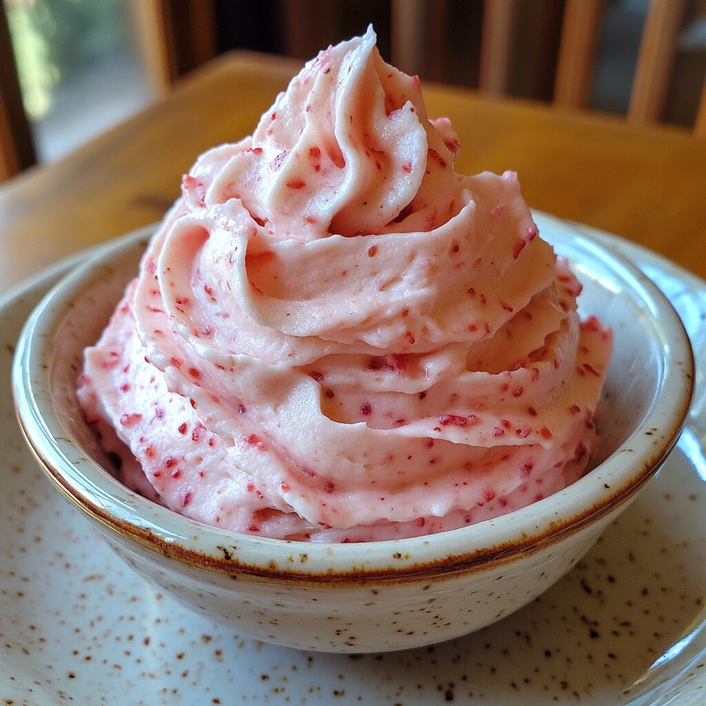 How to make Whipped Strawberry Buttercream Frosting served on a plate in natural light