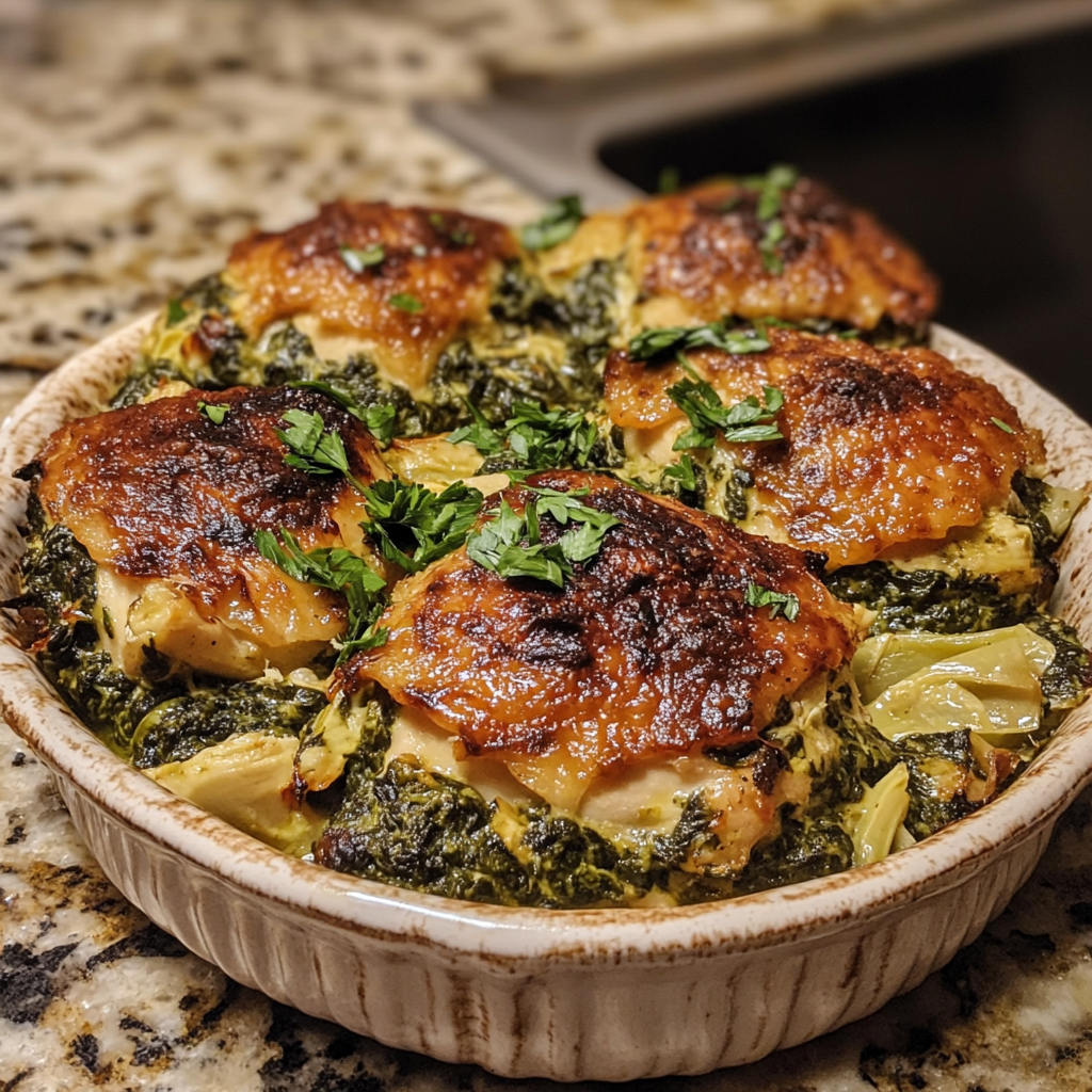 Homemade irresistible baked spinach artichoke chicken in a serving dish in a bright kitchen