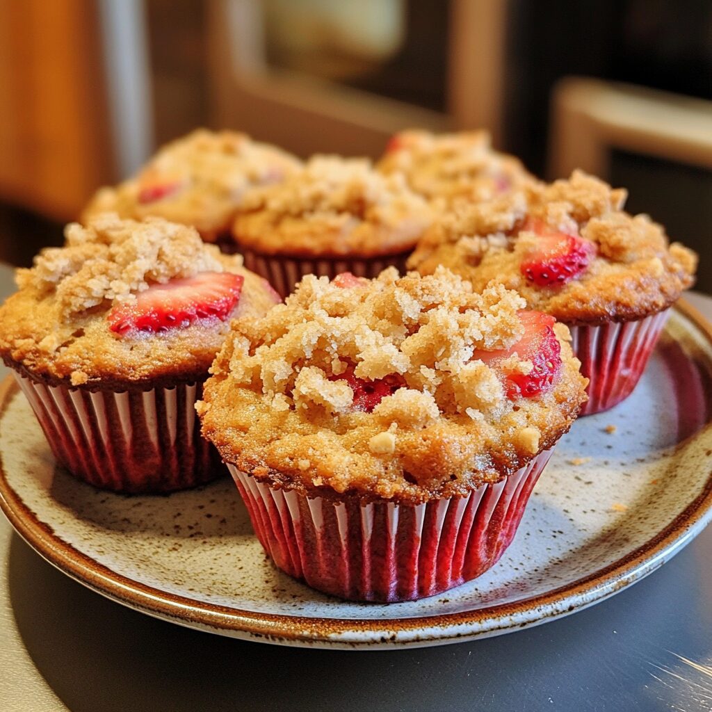 Irresistible Strawberry Muffins With Crumble Topping served on a plate in natural light