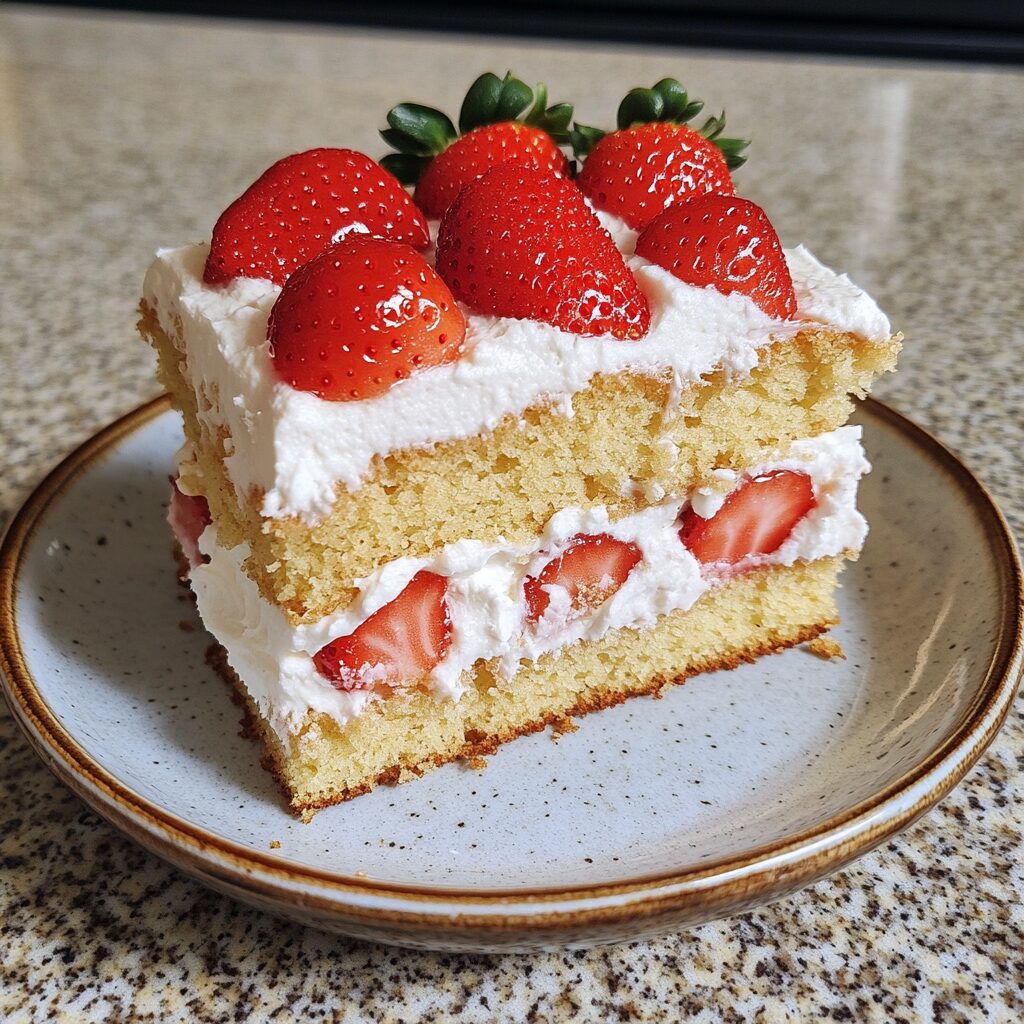 Japanese Strawberry Sponge Cake (Strawberry Shortcake) served on a plate in natural light