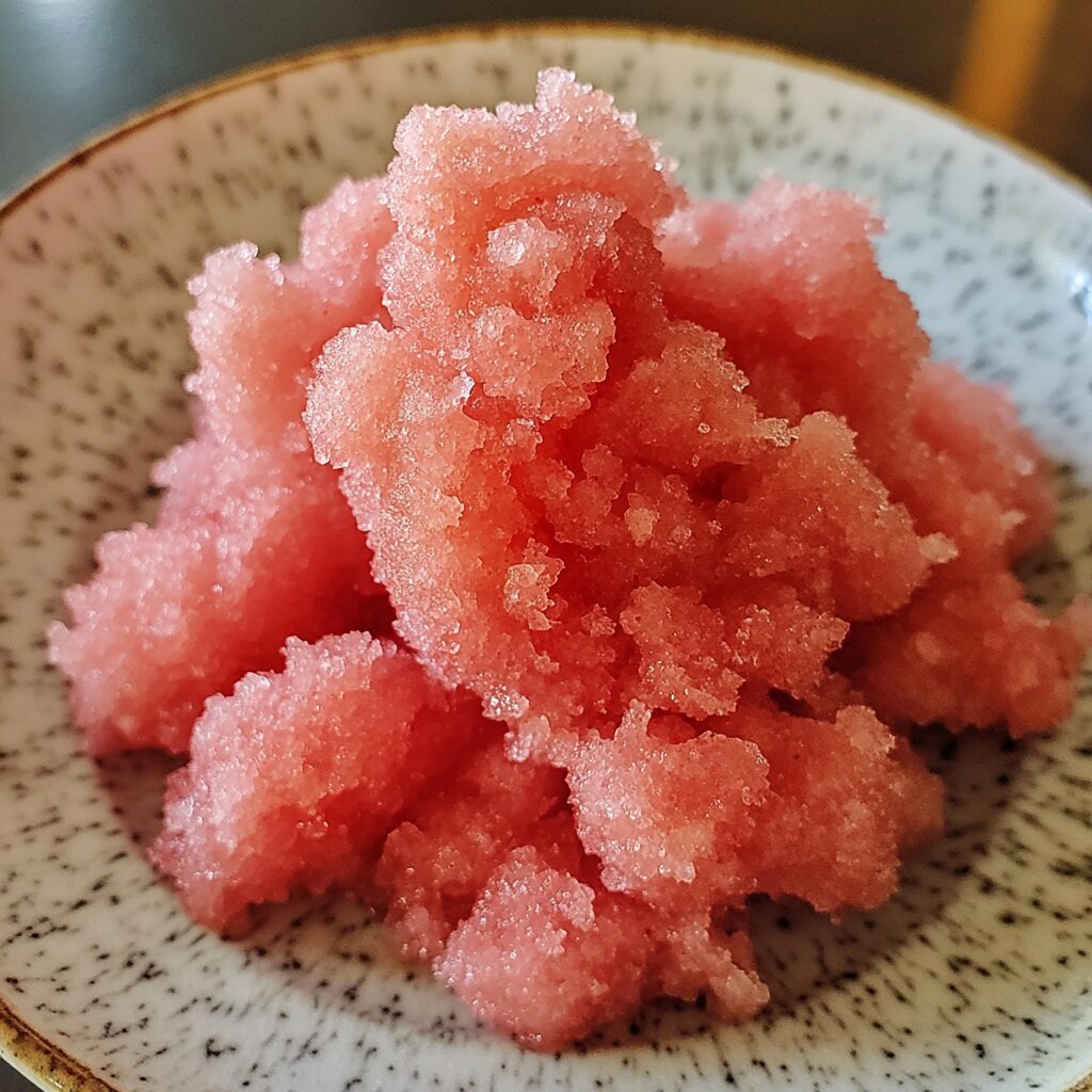 Killer Watermelon Granita (SECRET Ingredient) served on a plate in natural light