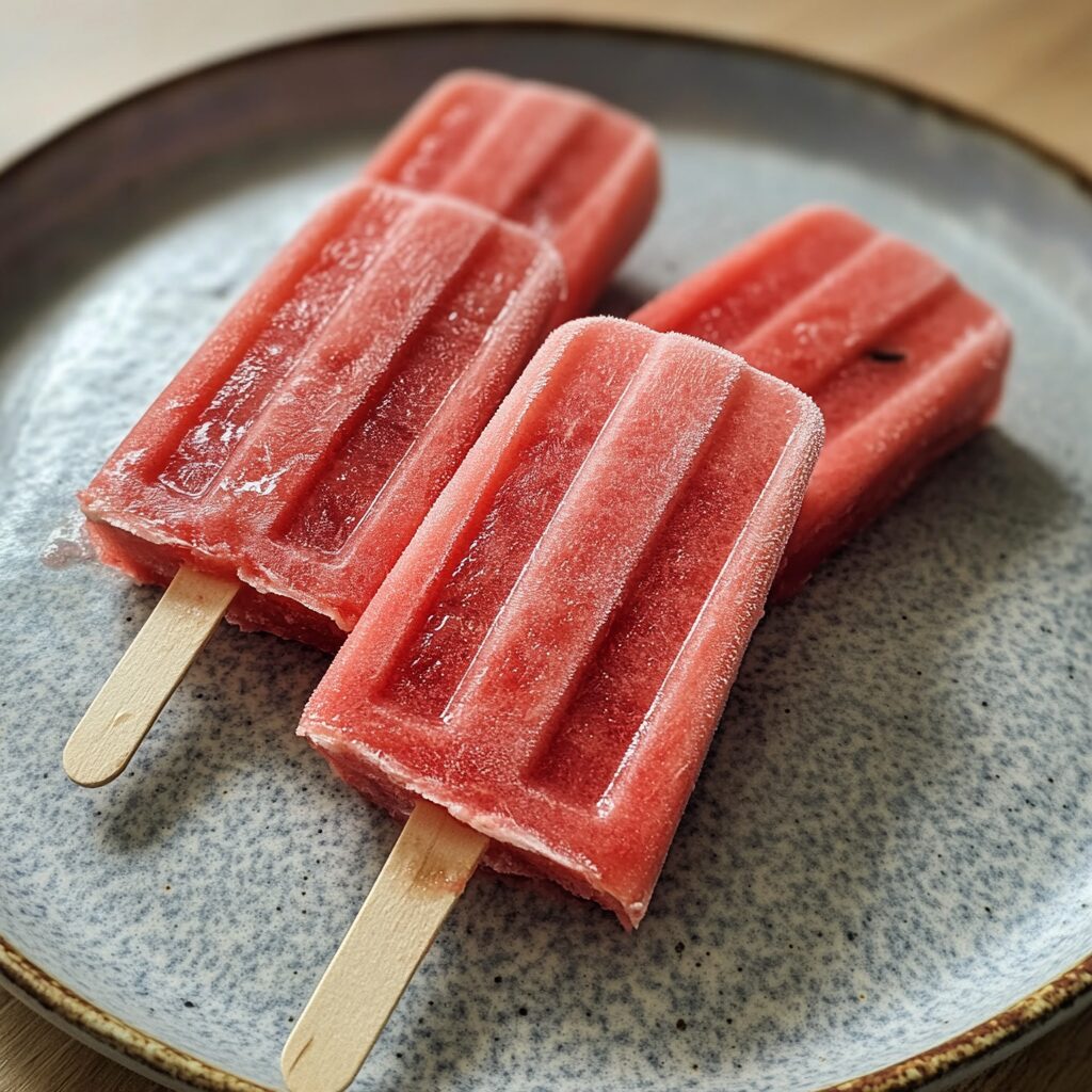 Learn how to make Watermelon Popsicles! served on a plate in natural light