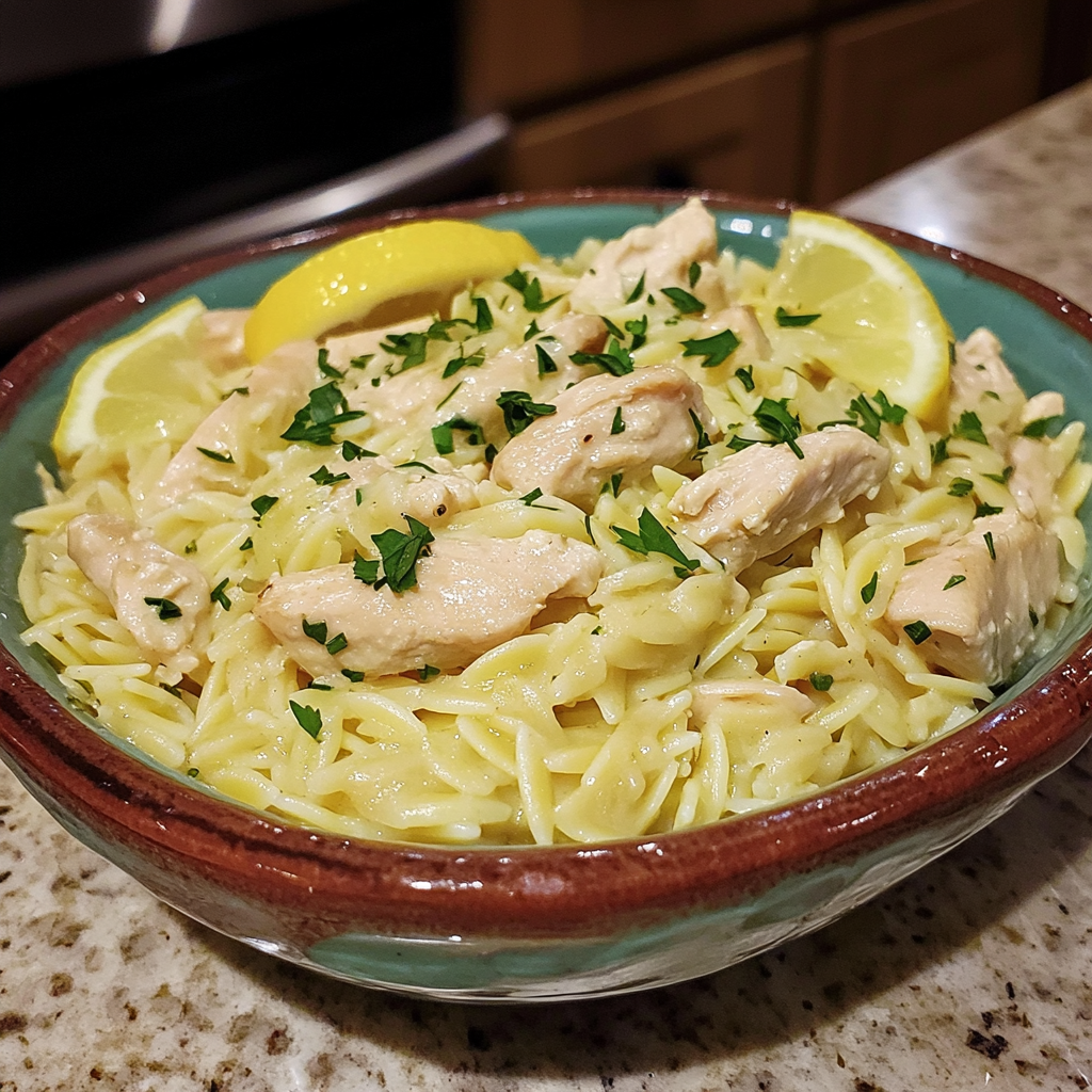 Homemade lemon chicken orzo in a serving dish in a bright kitchen