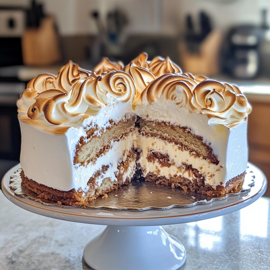 Make-Ahead Baked Alaska with toasted meringue over cake and ice cream layers