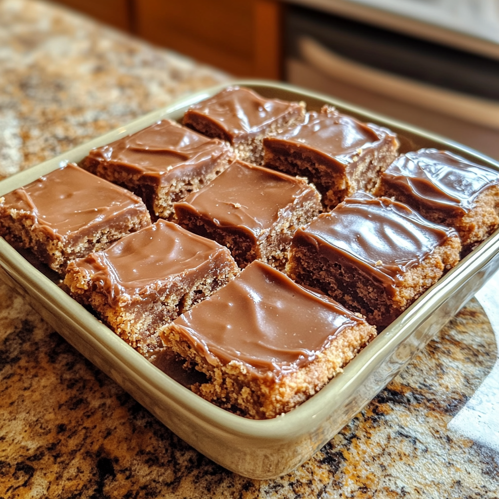 Homemade making classic millionaire shortbread for guests in a serving dish in a bright kitchen