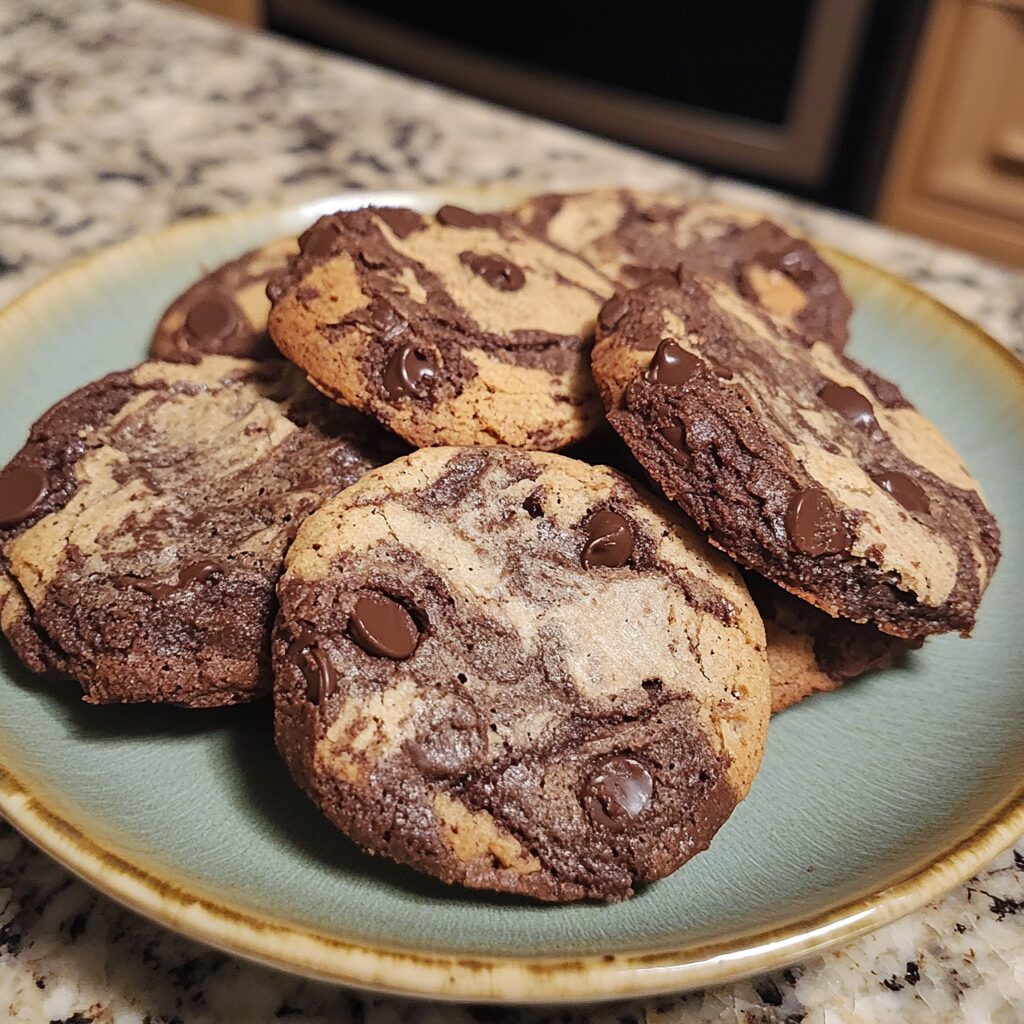 Marbled Brownie Chocolate Chip Cookies served on a plate in natural light