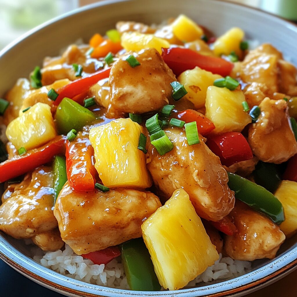 Meal-Prep 20 Minute Ginger Pineapple Chicken Stir Fry served with pineapple, bell peppers, and glossy ginger sauce