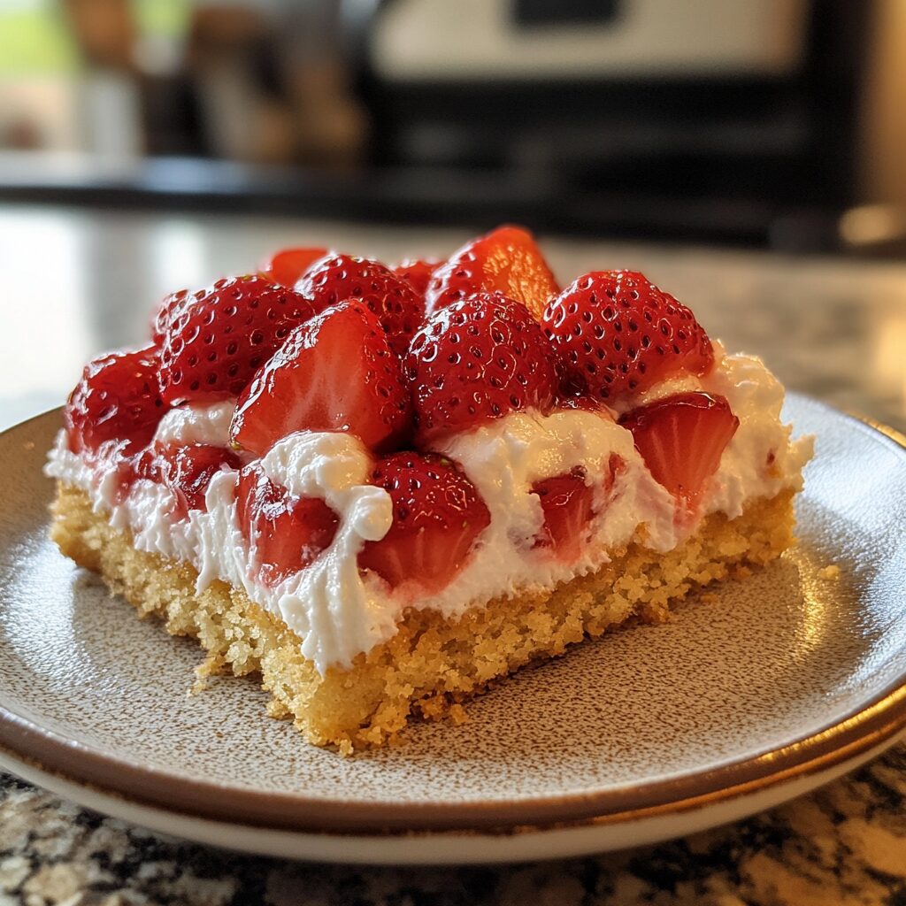 Moist Classic Strawberry Shortcake served on a plate in natural light