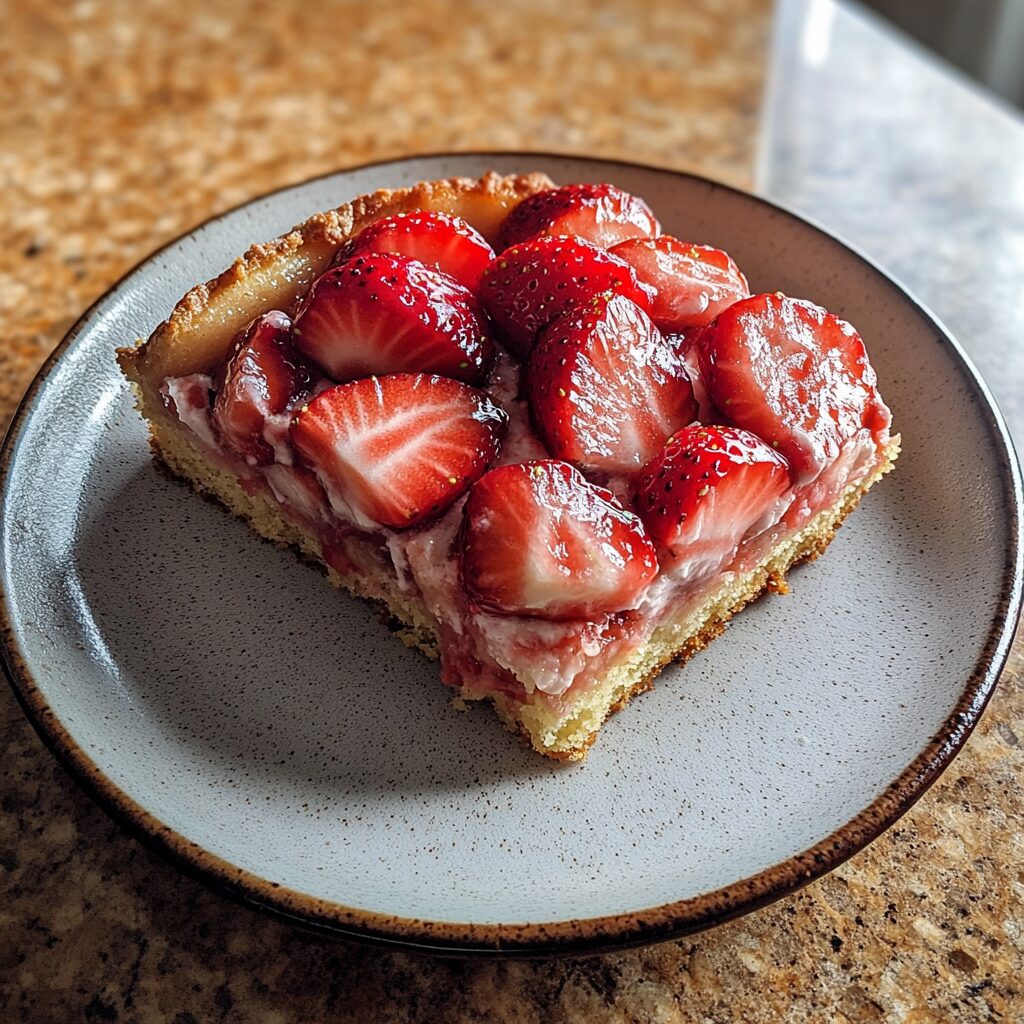 Moist Strawberry Cake Recipe served on a plate in natural light
