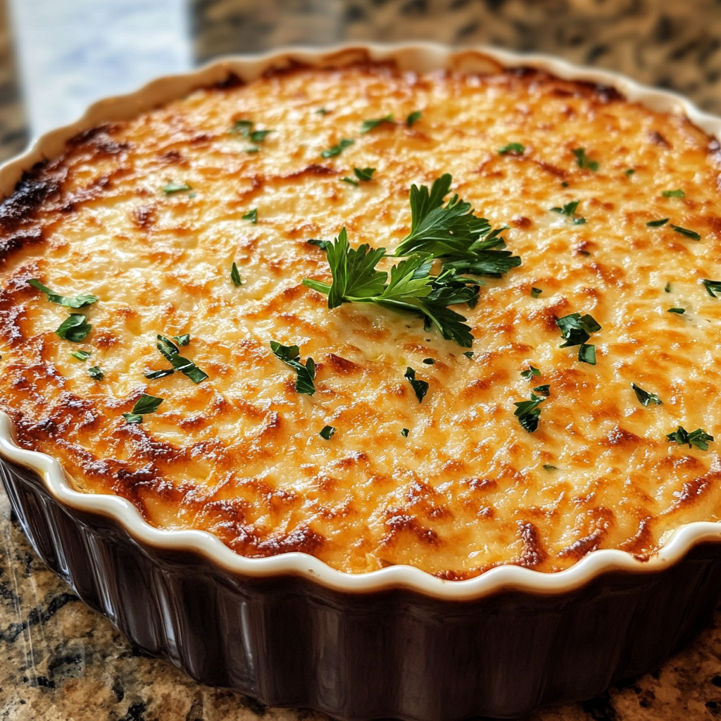 Homemade mouthwatering million dollar crack dip recipe in a serving dish in a bright kitchen