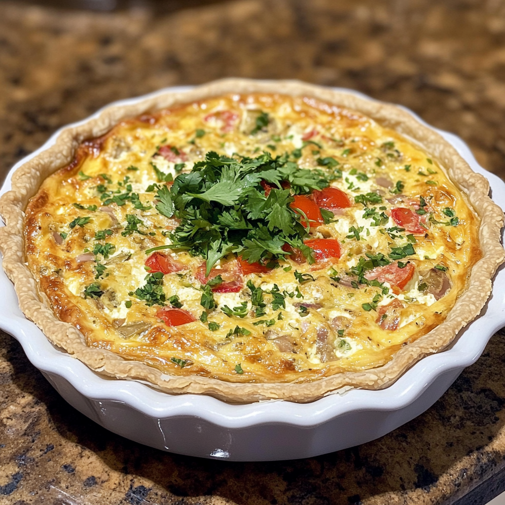Homemade neiman marcus quiche in a serving dish in a bright kitchen