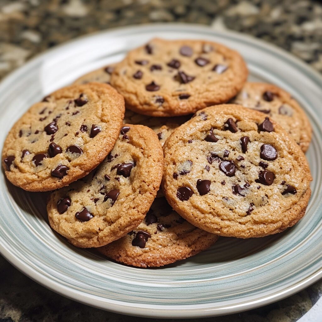 New York Style Chocolate Chip Cookies Recipe Perfectly Chewy & Crispy Cookies served on a plate in natural light