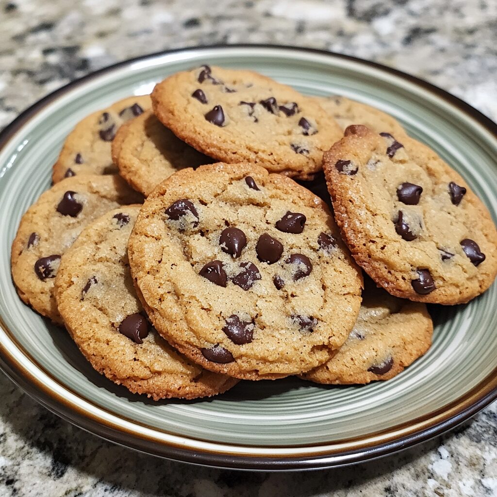 No Chill Brown Butter Chocolate Chip Cookies served on a plate in natural light