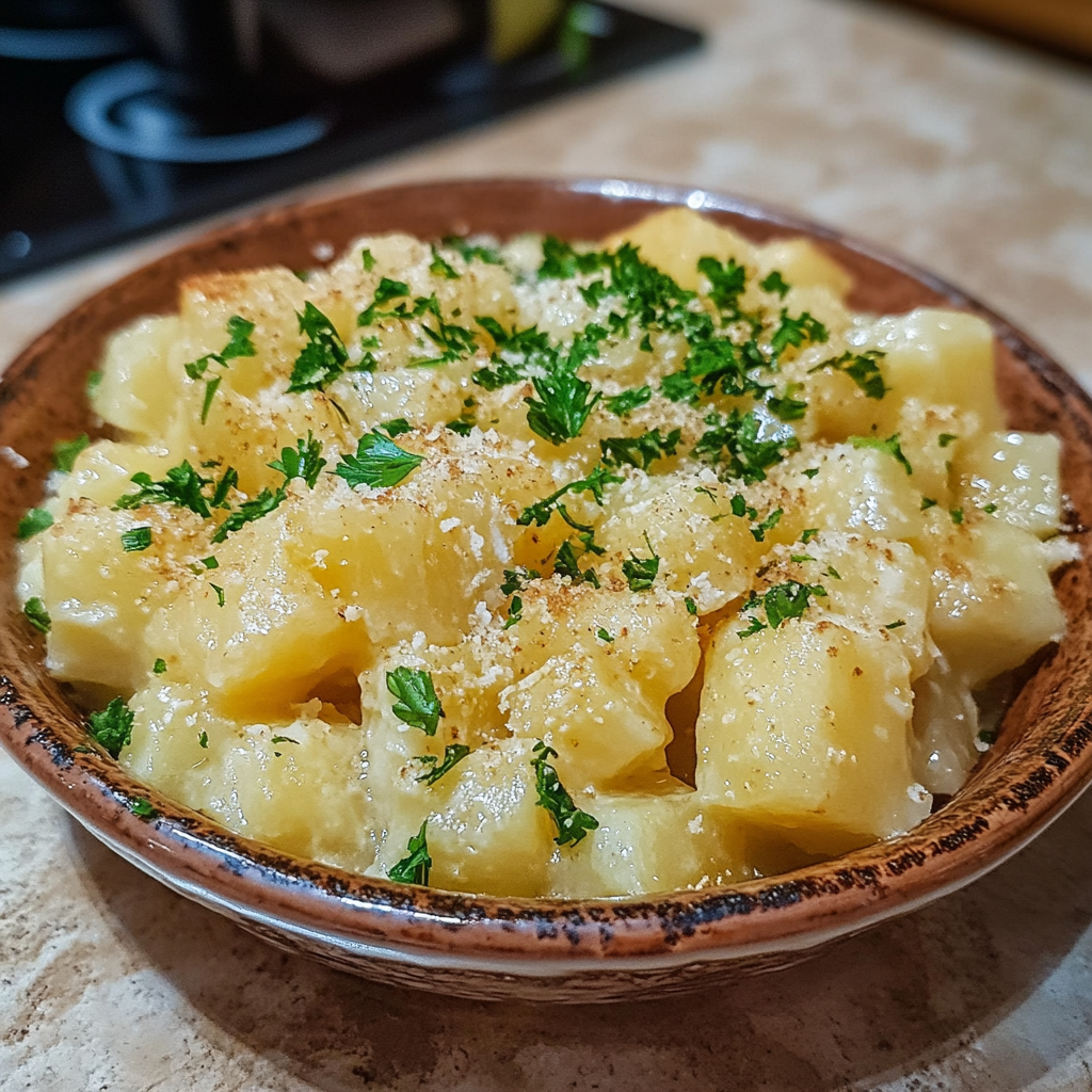 Homemade no in a serving dish in a bright kitchen