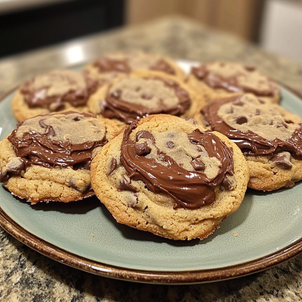 Nutella Stuffed Chocolate Chip Cookies served on a plate in natural light