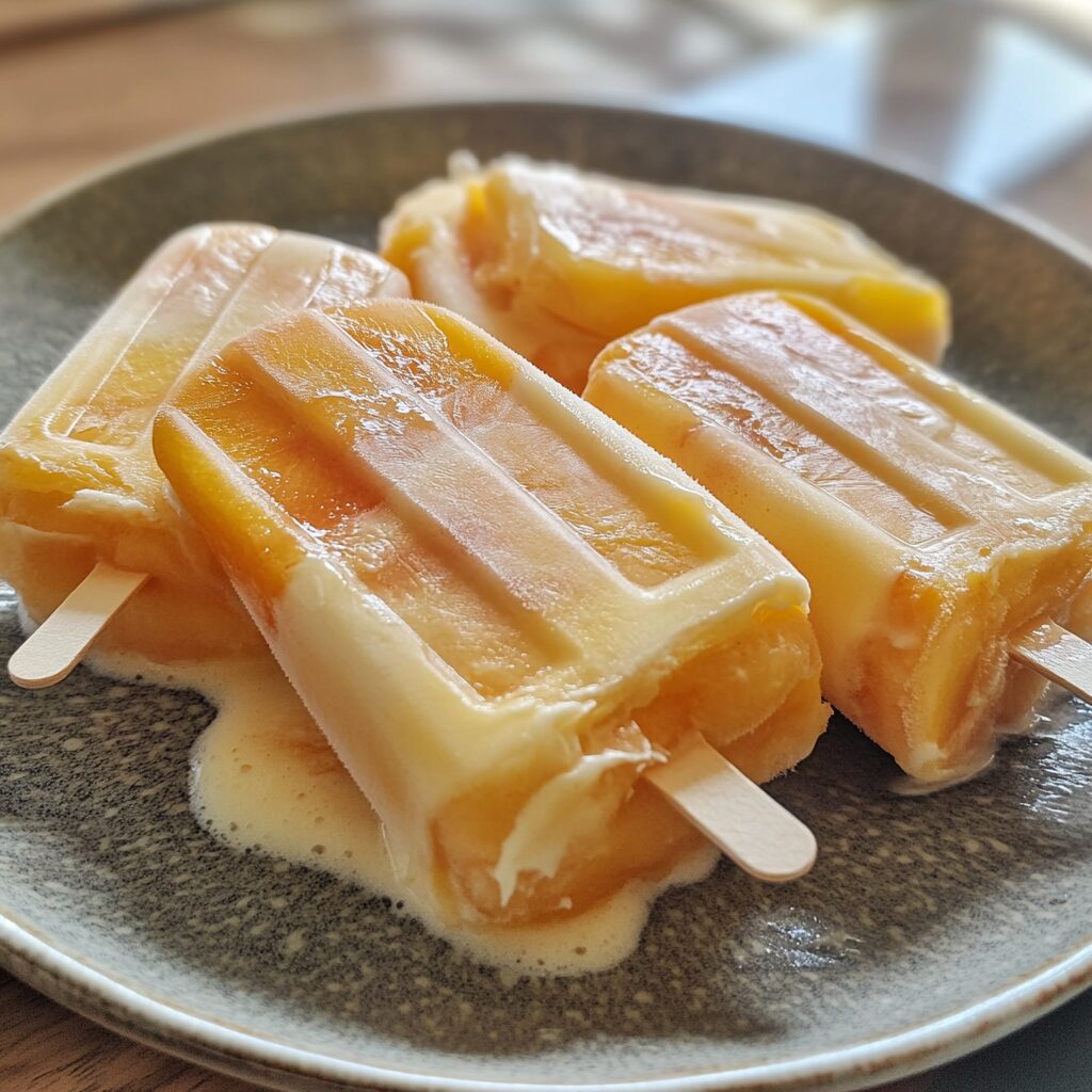 Peaches and Cream Popsicles served on a plate in natural light