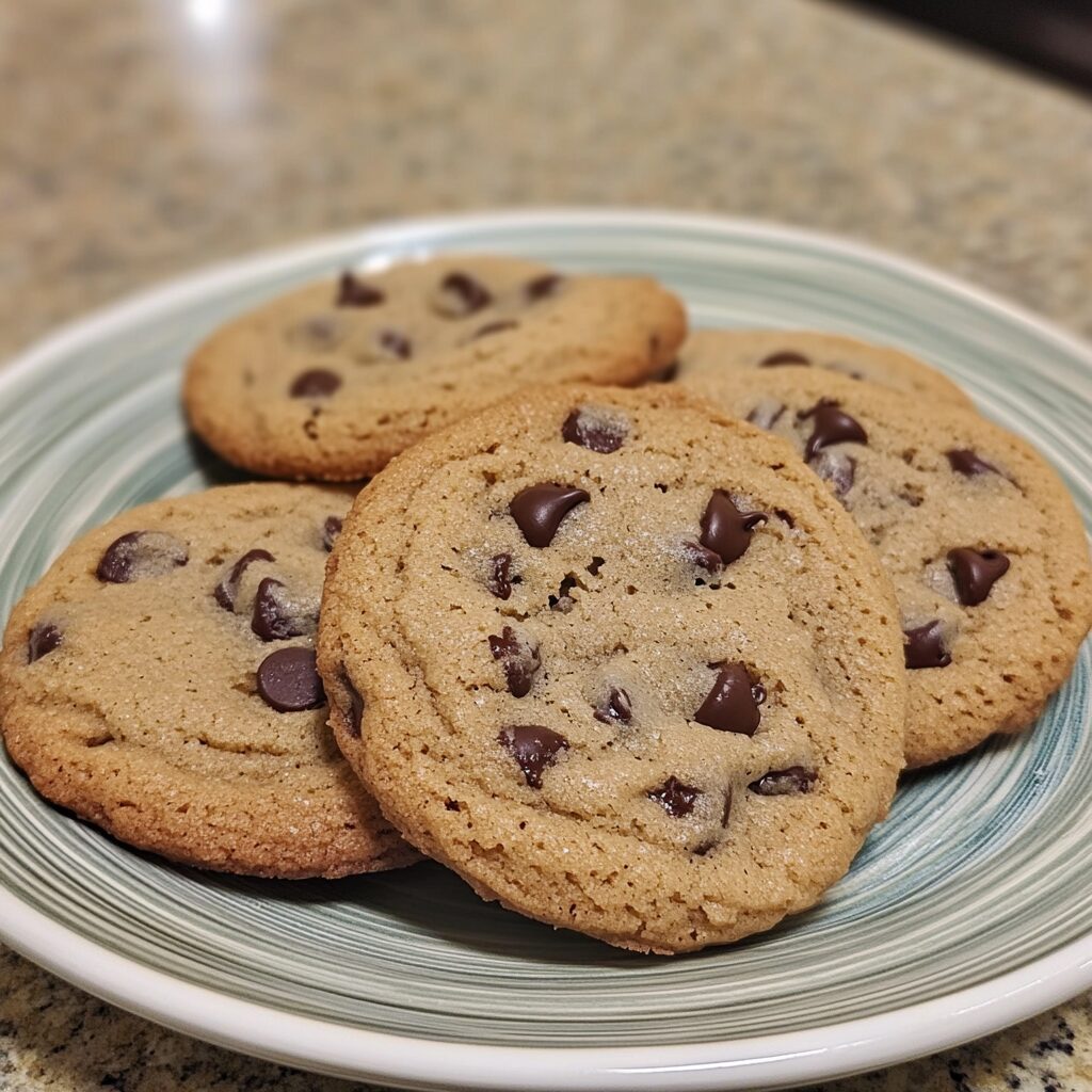 Perfect Soft and Chewy Chocolate Chip Cookies Recipe and Tutorial served on a plate in natural light