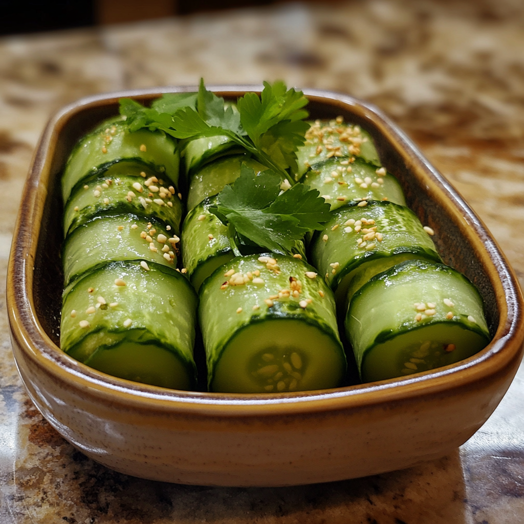 Homemade pickle rollups in a serving dish in a bright kitchen