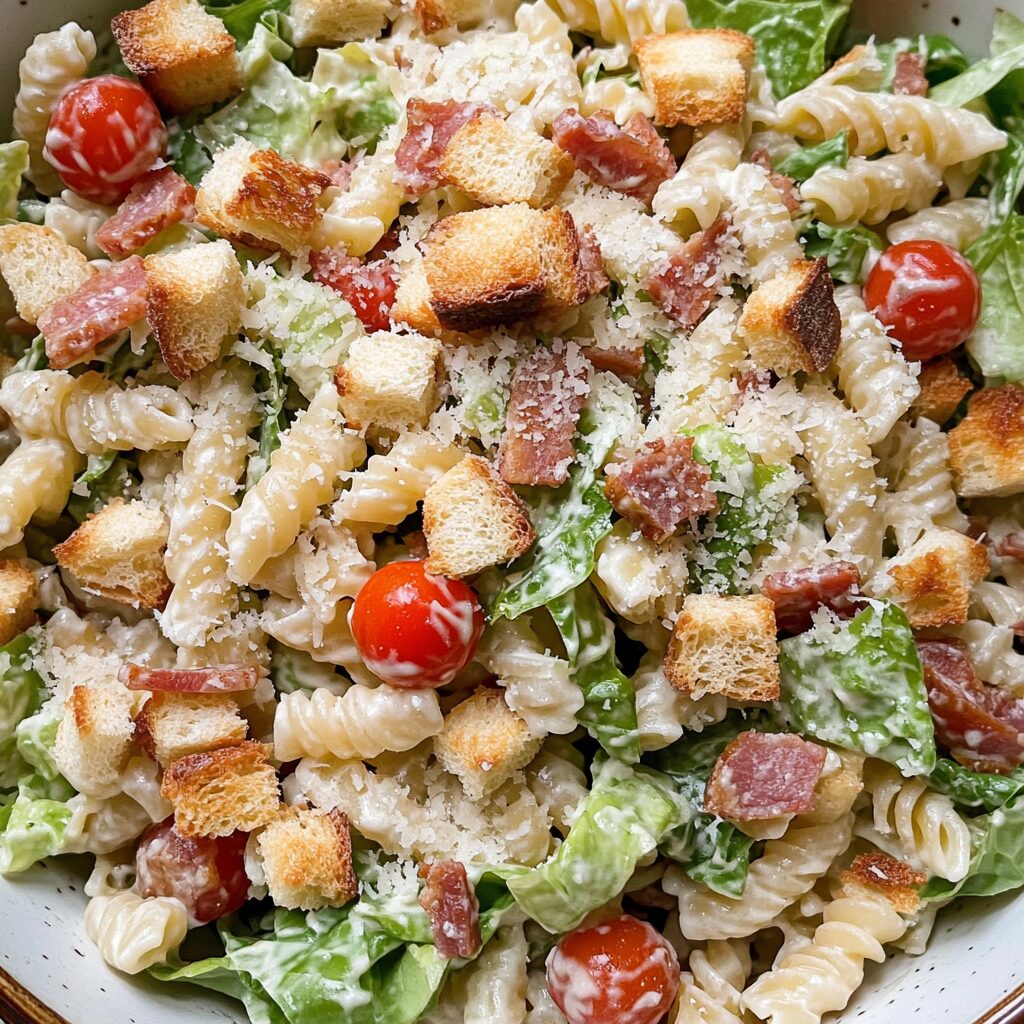 Picnic BLT Caesar Pasta Salad in a bowl with pasta, romaine, tomatoes, parmesan, and turkey bacon