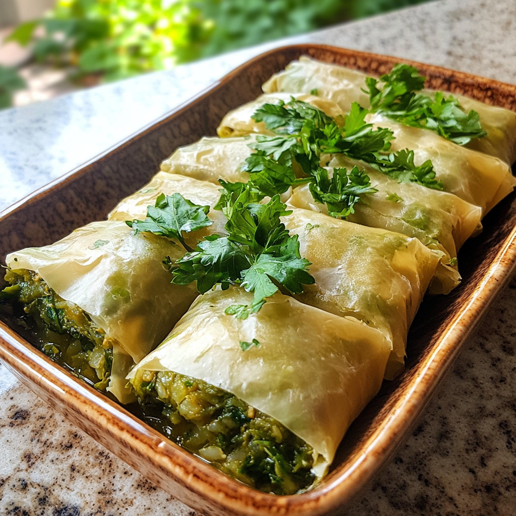 Homemade rice paper spanakopita (viral) in a serving dish in a bright kitchen