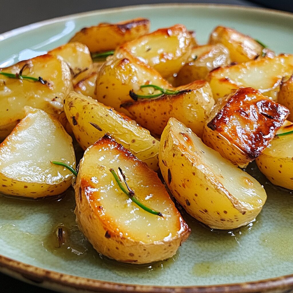 Roasted Potatoes with Garlic Scapes served on a plate in natural light