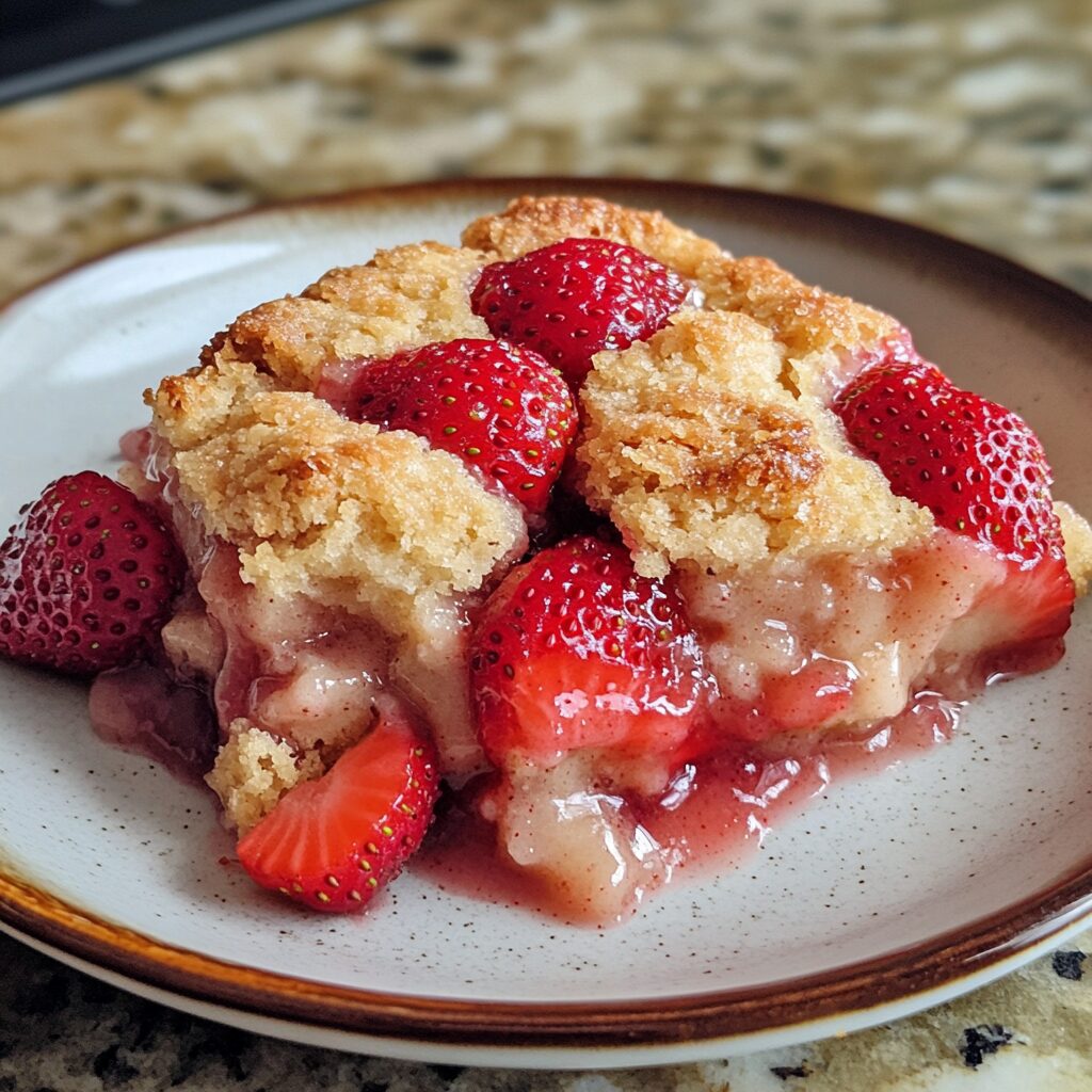 STRAWBERRY COBBLER served on a plate in natural light