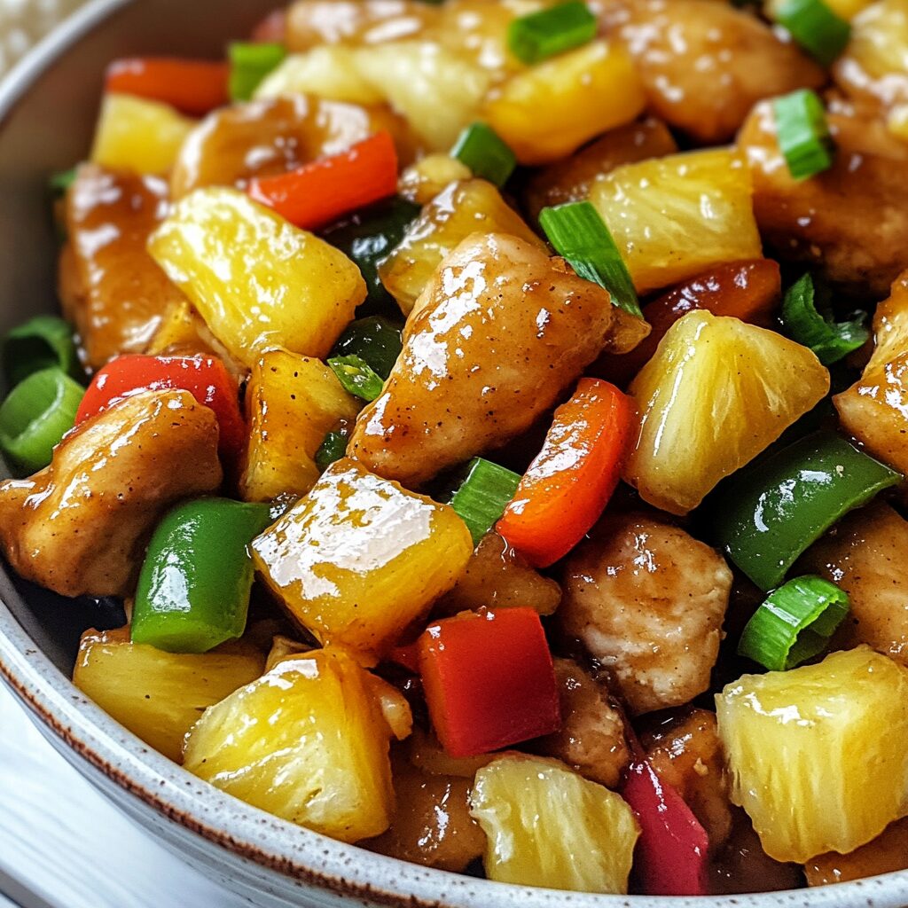 Sheet-Pan 20 Minute Ginger Pineapple Chicken Stir Fry served with pineapple, bell peppers, and glossy ginger sauce