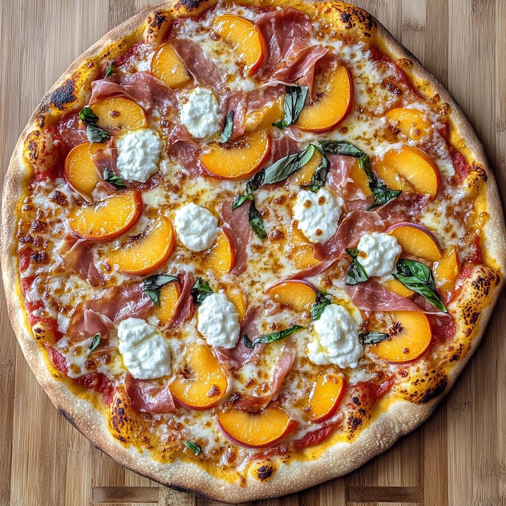 Sheet-Pan 3 Cheese Prosciutto Peach Pizza topped with peaches, ricotta, mozzarella, Parmesan, and halal turkey prosciutto-style slices
