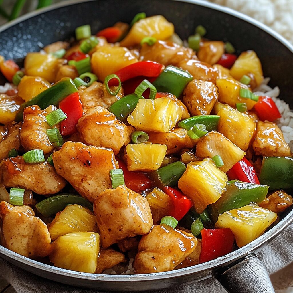Skillet 20 Minute Ginger Pineapple Chicken Stir Fry served with pineapple, bell peppers, and glossy ginger sauce
