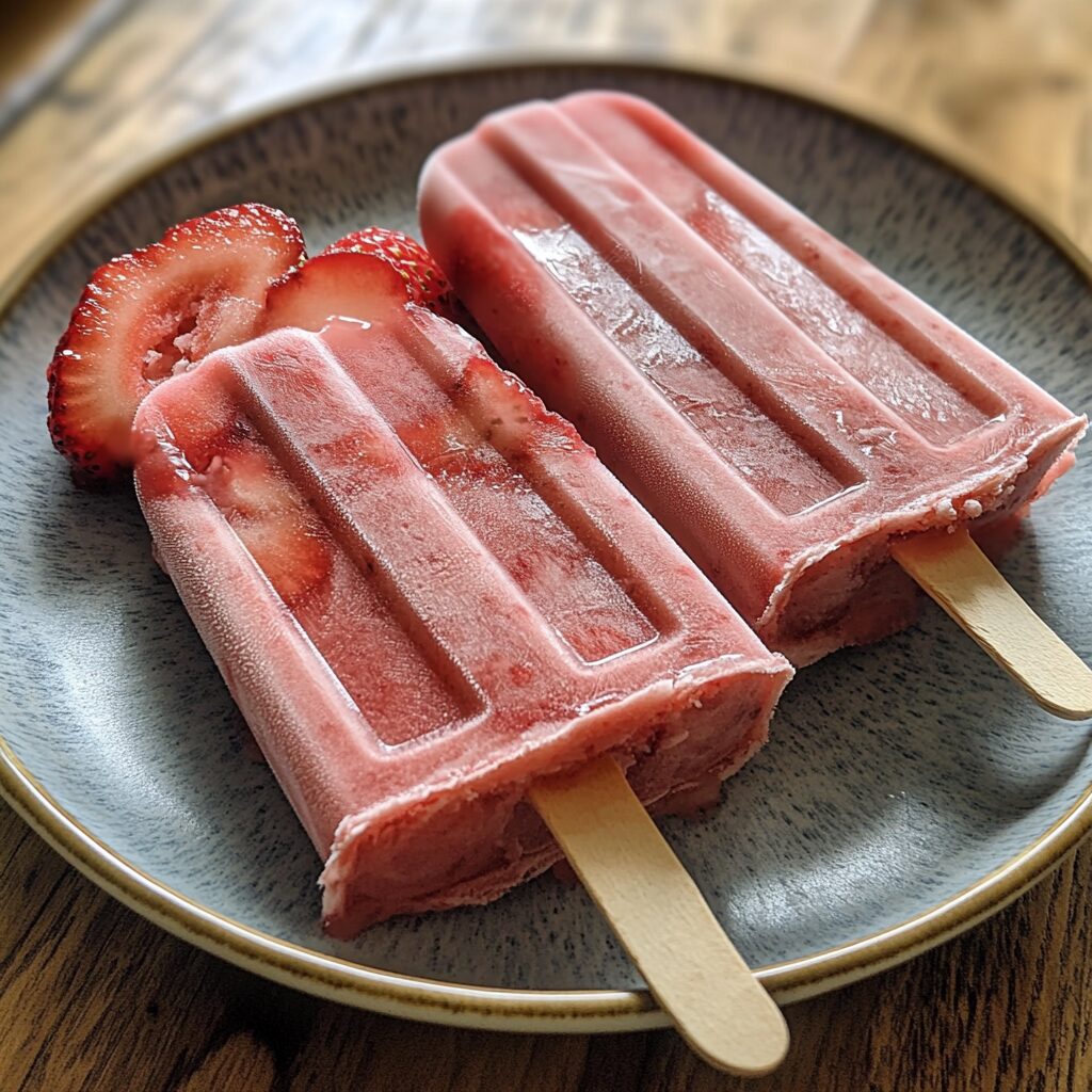 Small Batch Strawberry Popsicles served on a plate in natural light