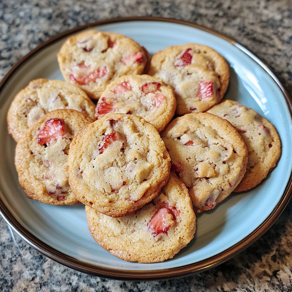 Soft & Chewy Strawberry Cookies served on a plate in natural light