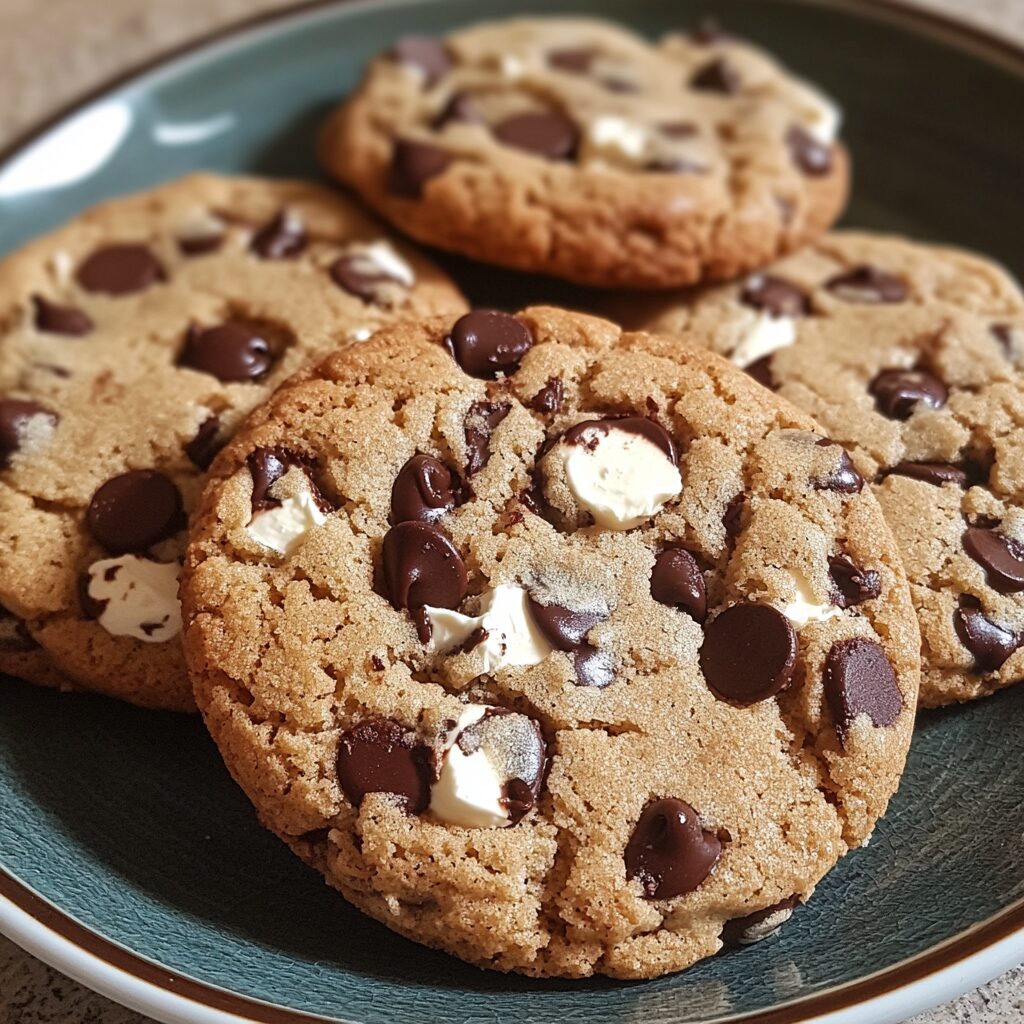 Softbatch Cream Cheese Chocolate Chip Cookies served on a plate in natural light