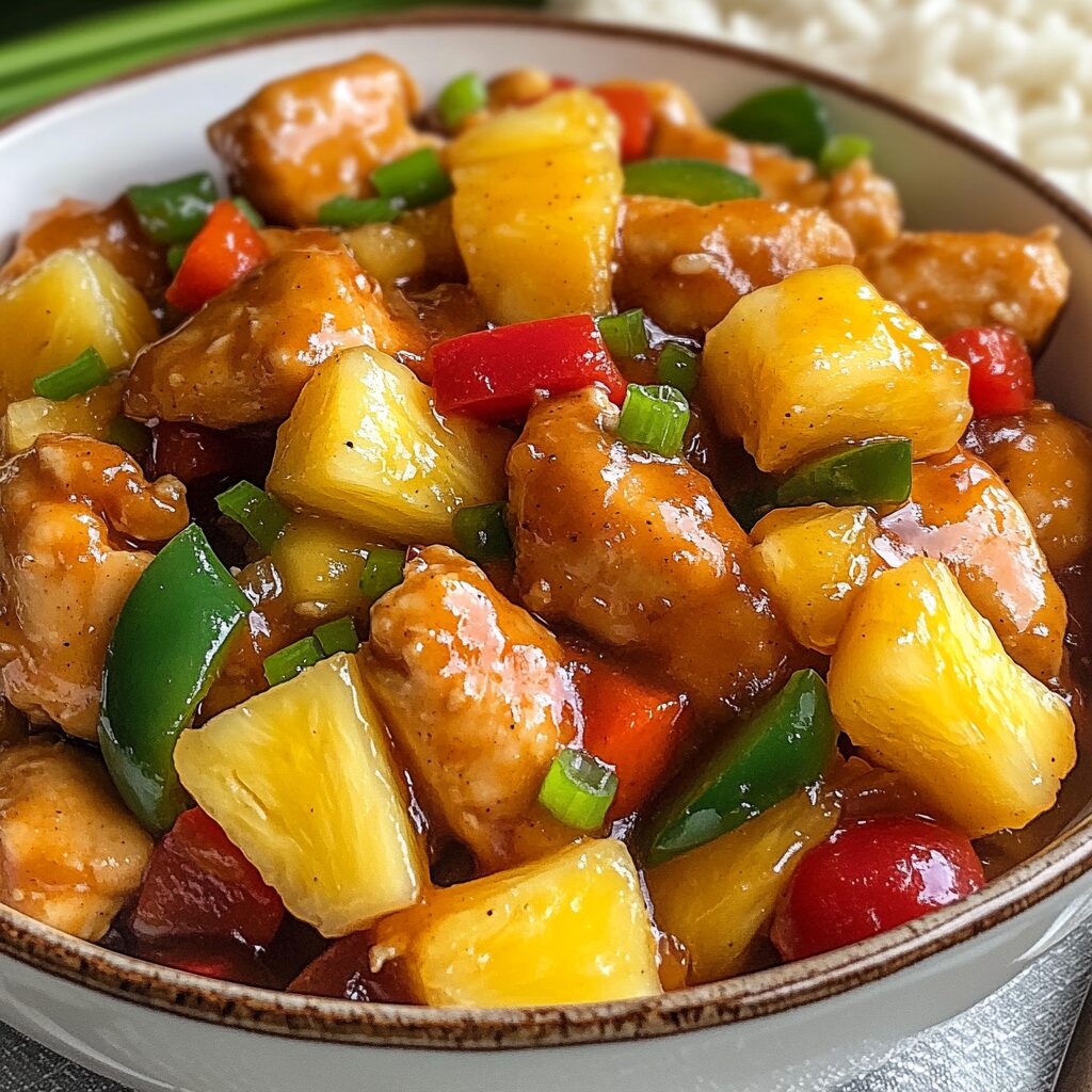 Spicy 20 Minute Ginger Pineapple Chicken Stir Fry served with pineapple, bell peppers, and glossy ginger sauce