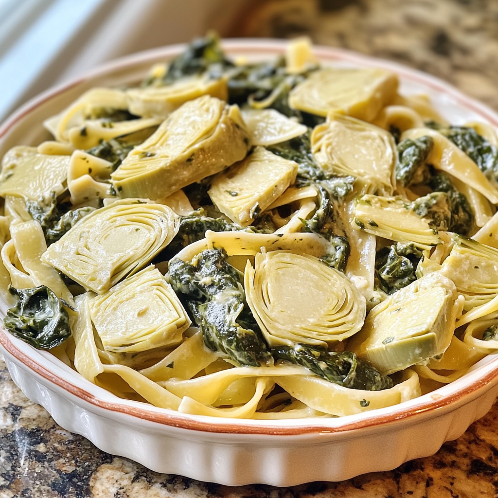 Homemade spinach artichoke pasta in a serving dish in a bright kitchen