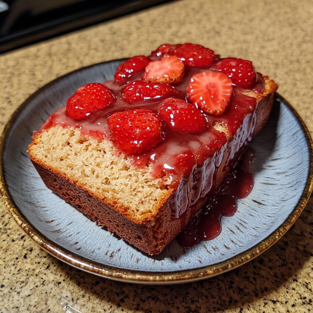 Strawberry Bread Loaf with Strawberry Glaze served on a plate in natural light