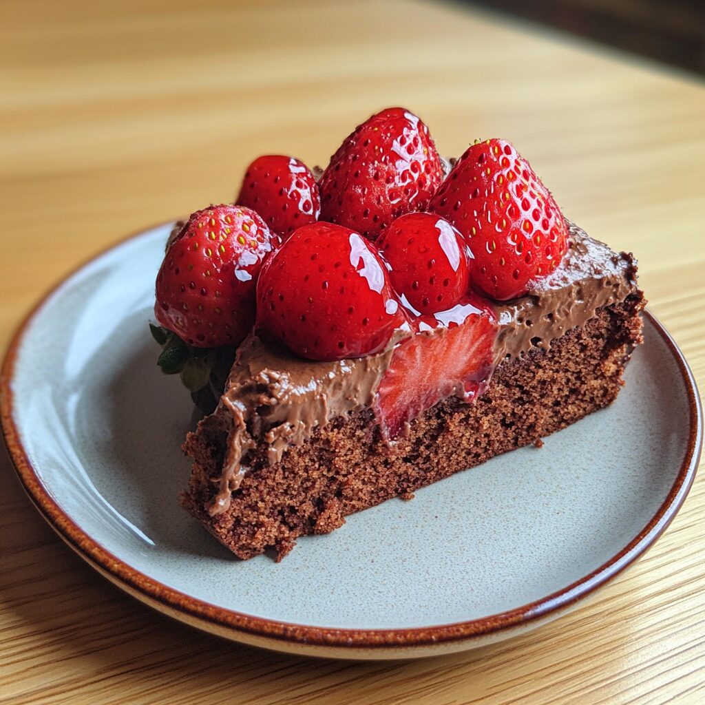 Strawberry Chocolate Cake served on a plate in natural light