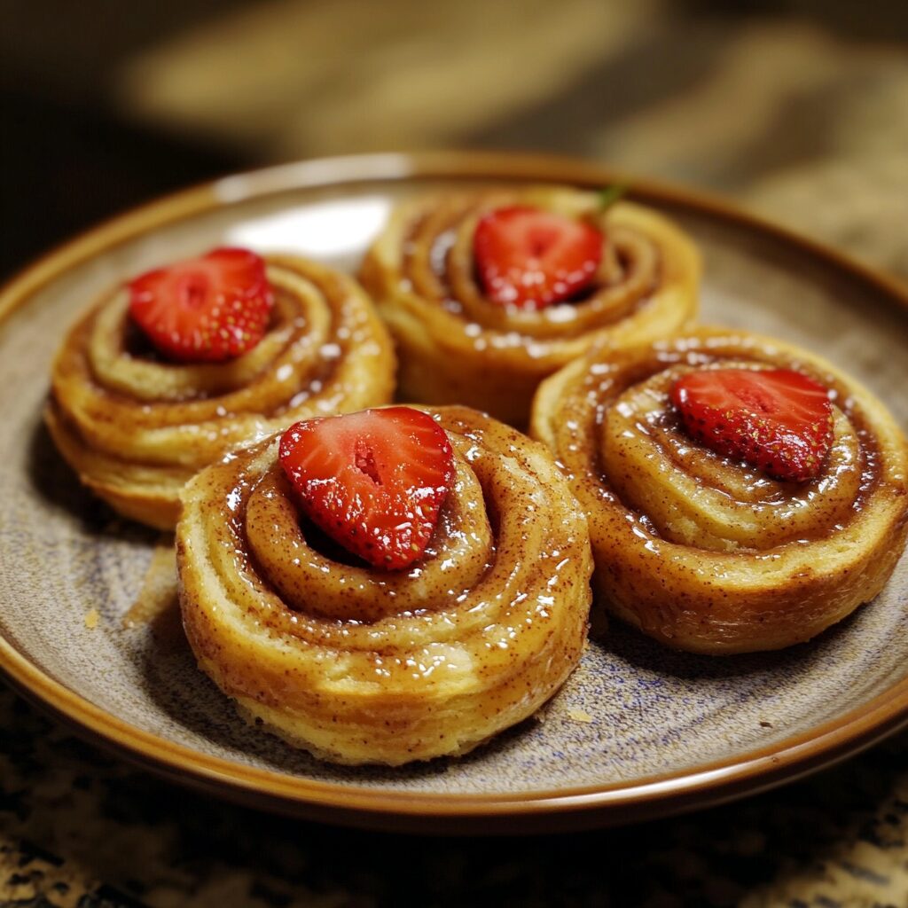 Strawberry Cinnamon Rolls served on a plate in natural light