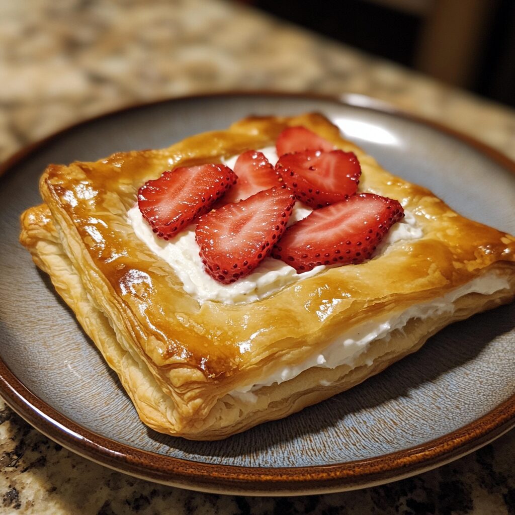 Strawberry Cream Cheese Danish with Flaky Puff Pastry served on a plate in natural light