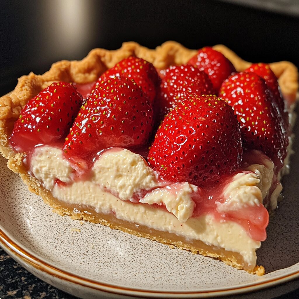 Strawberry Cream Cheese Pie served on a plate in natural light