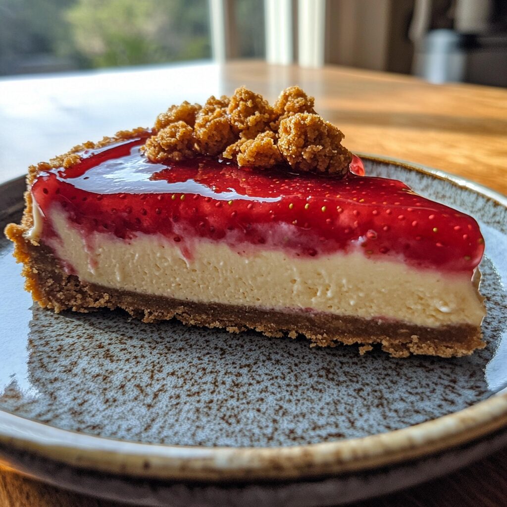 Strawberry Crunch Cheesecake Amazing Easy Treat served on a plate in natural light