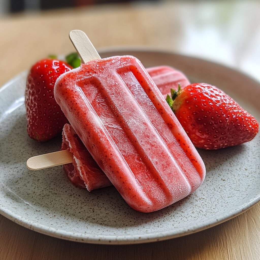 Strawberry Lemonade Popsicles served on a plate in natural light